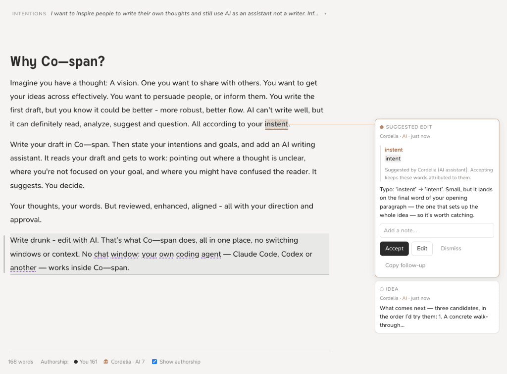 Co-span showing an AI writing assistant suggesting an edit and an idea alongside a draft
